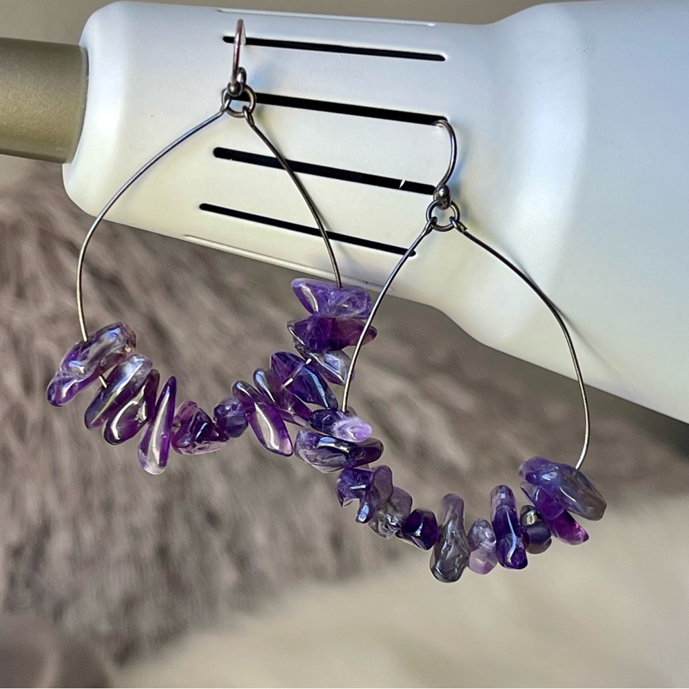 Amethyst Nuggets Hoop Dangle 2" Drop Sterling Silver Earrings